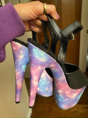 Galaxy Print Platform Heels - Black Straps
